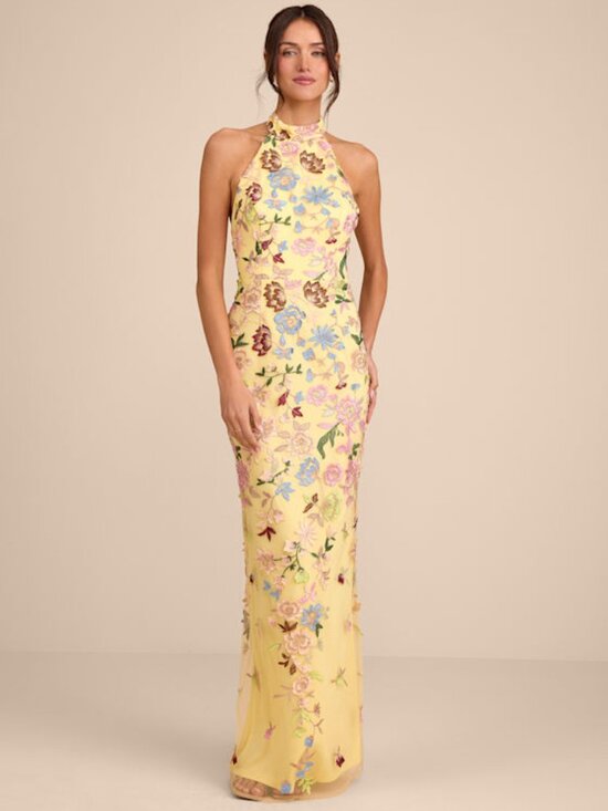 Lulus Dresses & Skirts - Lulus Infinite Praise Yellow 3d Floral Embroidered Halter Maxi Dress - Size S